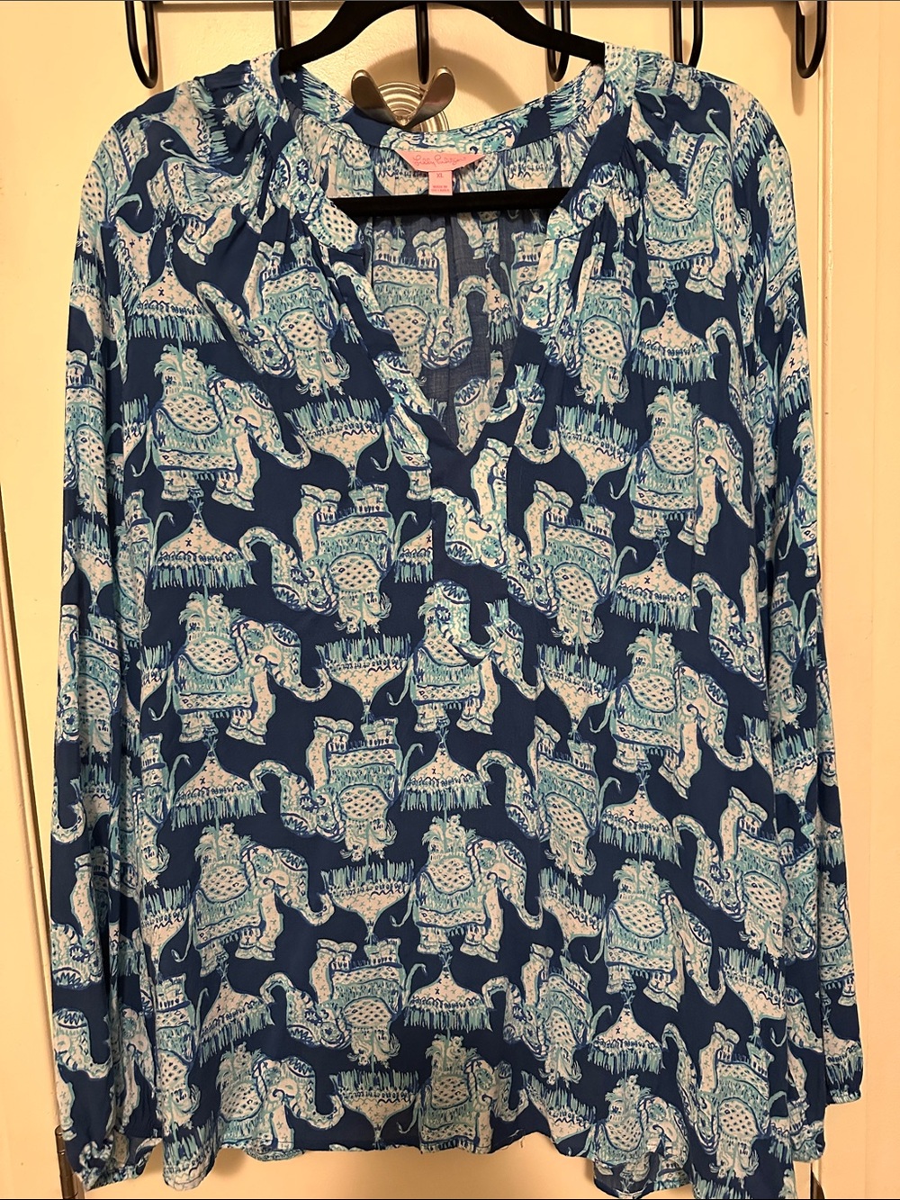 Lilly Pulitzer Navy V-Neck Elephant Print Blouse
